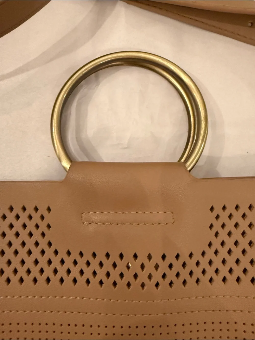 Anthropologie Boho Chic Tan Perforated Ring Handle Crossbody Vegan leather Fall